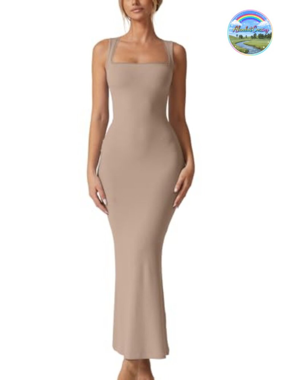 Women's Square Neck Lace Detail Ribbed Long Maxi Dress Sleeveless